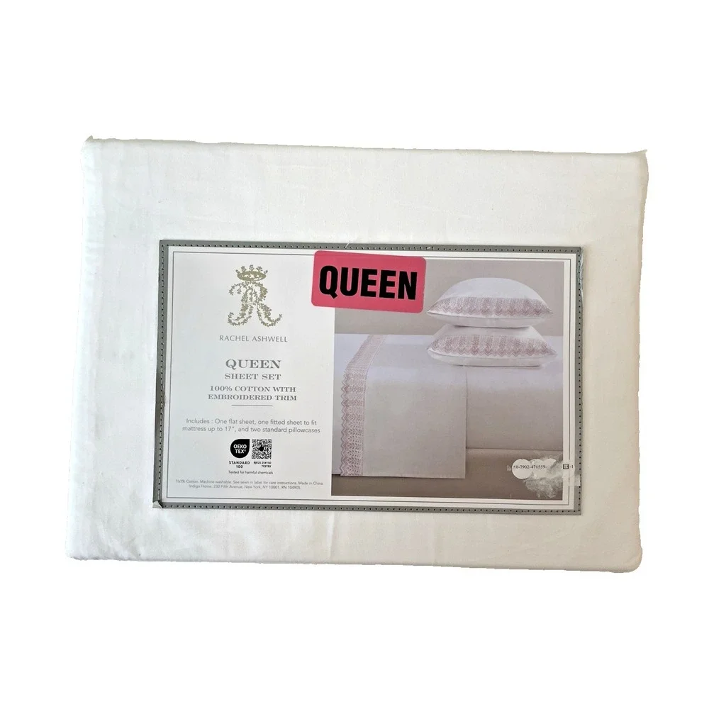 Rachel Ashwell Pink Embroidered Eyelet Hem QUEEN Sheet Set‎ White 100% Cotton